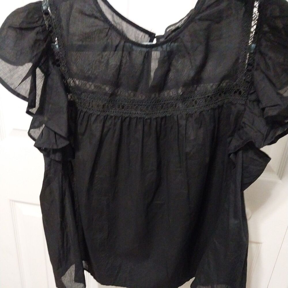 Marc New York Flutter Sleeve Crochet Top Large Black Semi Sheer Soft Girl - Picture 5 of 5